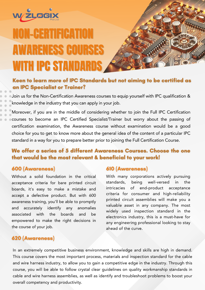 Non-Certification IPC Standards Awareness courses for professionals aiming to understand IPC standards without becoming certified specialists or trainers. Includes 600 Awareness (bare printed circuit boards), 610 Awareness (end-product acceptance criteria), and 620 Awareness (cable and wire harness assemblies).