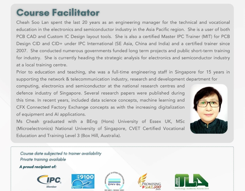 Profile of Cheah Soo Lan, course facilitator with 20 years of experience in engineering management and PCB education across Asia Pacific. The description includes her expertise in PCB CAD and custom IC design layout tools, highlighting her role in government-funded projects and long-term training programs for the electronics and semiconductor industry.